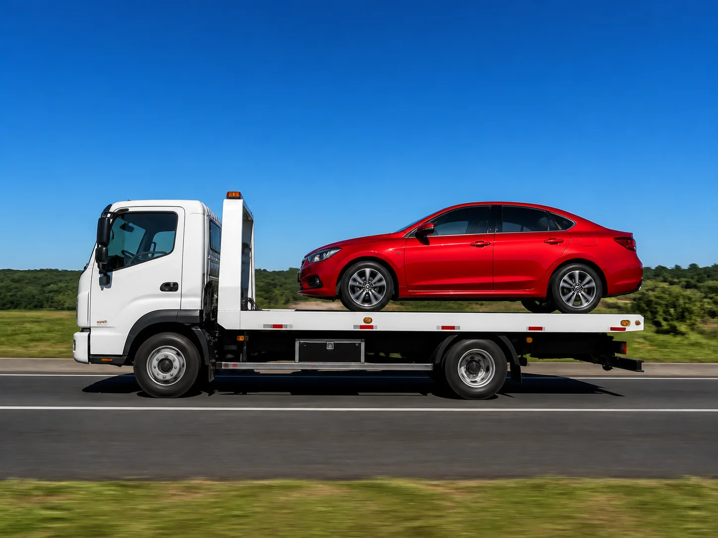 Caminh&atilde;o-plataforma transportando autom&oacute;vel vermelho em rodovia