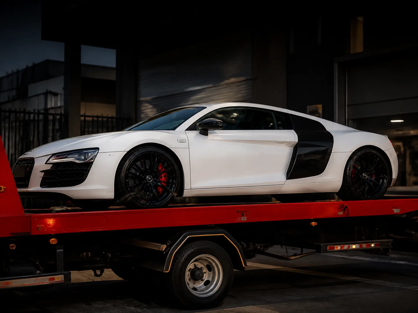 Autom&oacute;vel esportivo branco transportado em plataforma vermelha